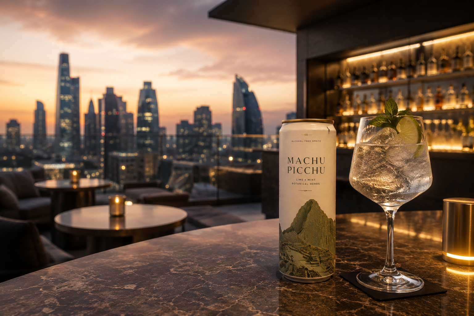 Machu Picchu edition served on a marble rooftop bar at sunset with a city skyline behind.